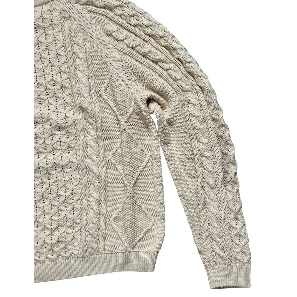 Nike Cable Knit Swoosh Sweater Men's L Beige Rattan Large Logo Polyester & Wool